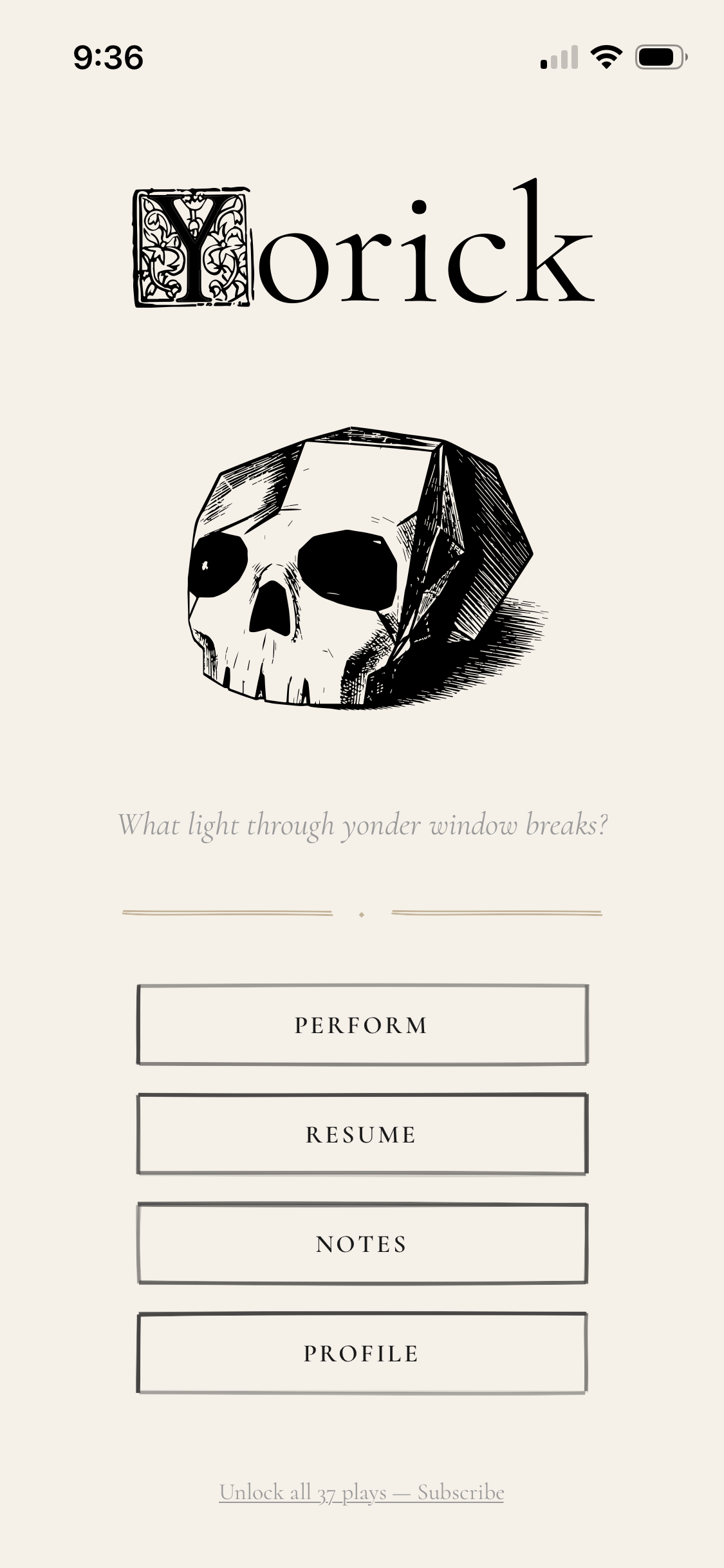 Yorick app homepage